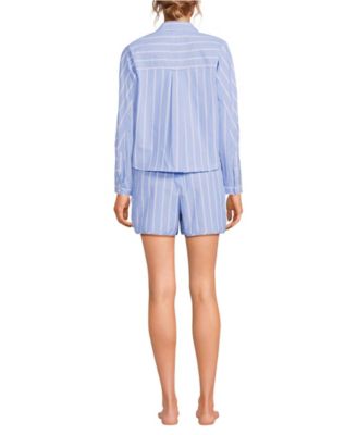 Women's Cotton Poplin 2 Piece Pajama Set - Long Sleeve Top and Shorts with Piping