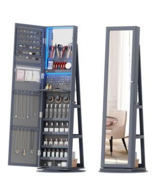 LED jewelry storage cabinet with back storage shelves and 360° rotation.