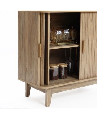 Mid-Century Modern Tambour-Style 2-Door 31.5-Inch Wide Cabinet with Tray Top, Oak