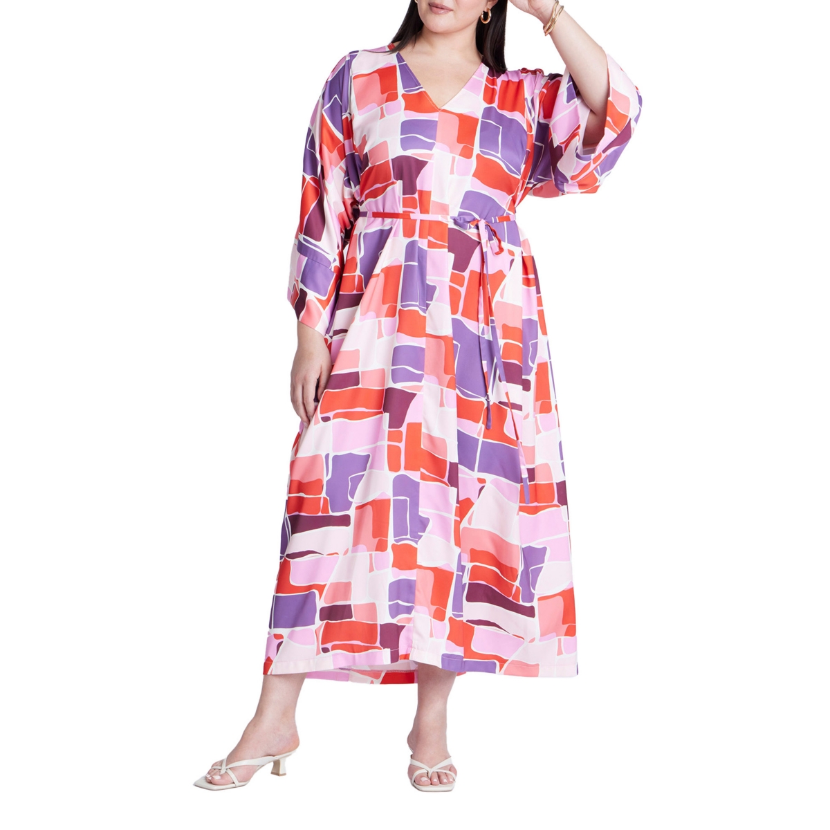 Plus Size Printed Kimono Dress With Tie - Gaia tile