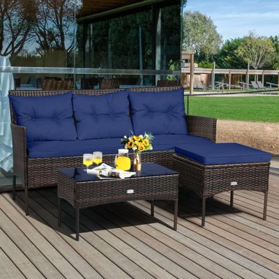 Set of 3 3-Seat Sofa Cushioned Table Rattan Furniture Set Garden Patio