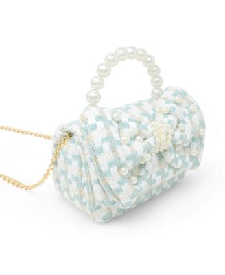 Girls Tweed Jumbo Pearl Bow Handbag, Pink