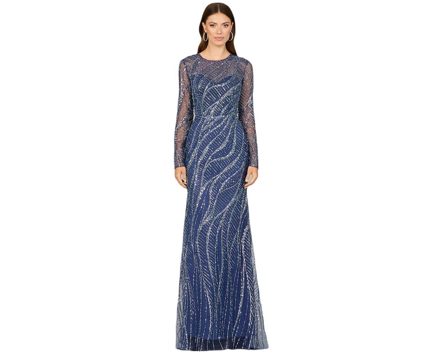 Женское платье Lara Long Sleeve Sheath Gown with Silver Beads, цвет: Синий — фото 1