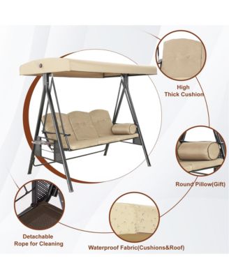 Steel 3 Person Patio Swing Chair Swinging Outdoor Chair with Removable Mat, Cushion and Convertible Canopy, Navy Blue