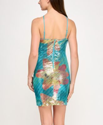 BCX Juniors' T-Neck Lily Placement Sequin Bodycon Dress