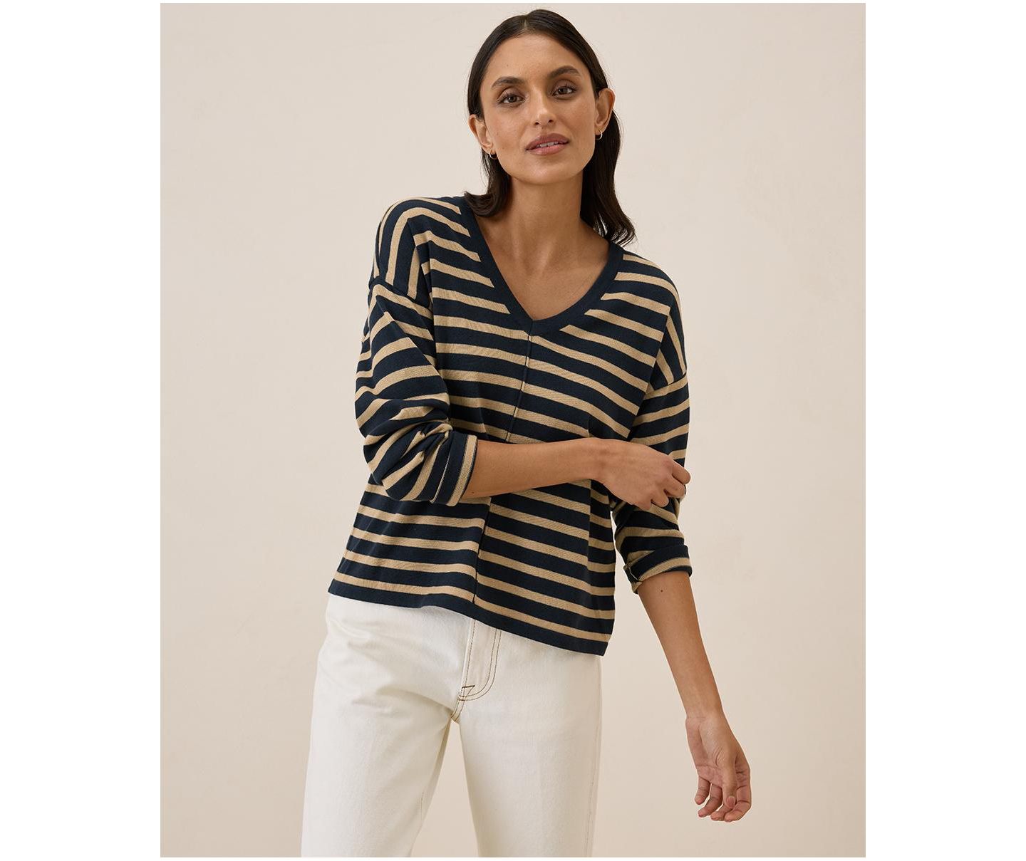 Женский свитер Pact Organic Cotton Classic Fine Knit Relaxed, цвет: Полосатый полуночный синий — фото 1