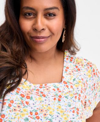 Plus Size Printed Square-Neck Short-Sleeve Top, Exclusively at Macy's 