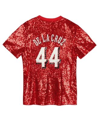Juniors Elly De La Cruz Red Cincinnati Reds Name Number Sequin V-Neck Top