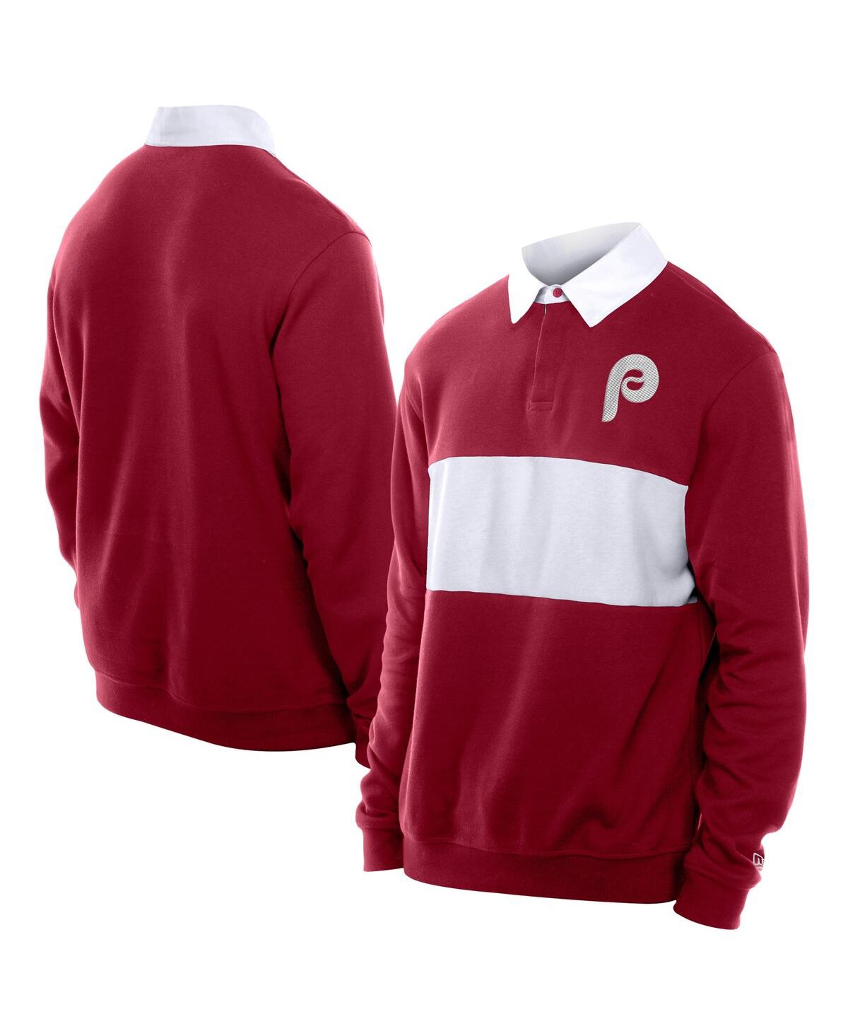 NEW ERA MEN'S DARK RED PHILADELPHIA PHILLIES THROWBACK PREP COLOR BLOCK RUGBY POLO SHIRT 
