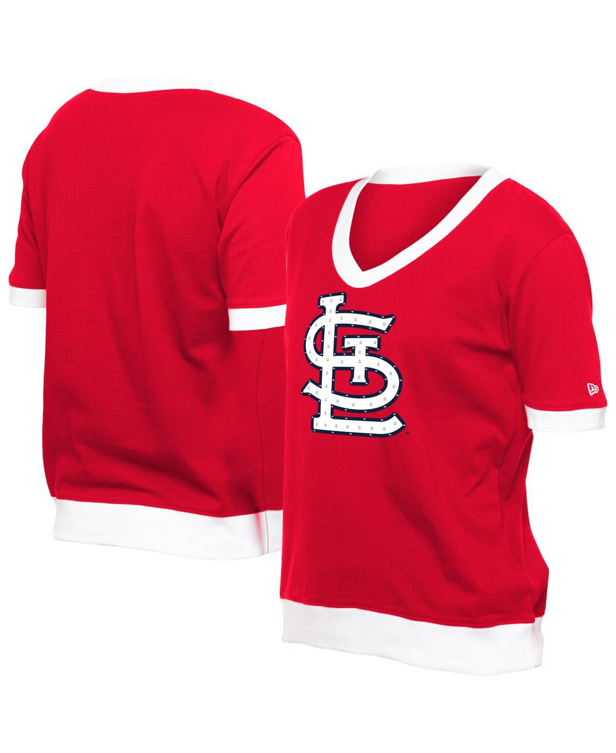 NEW ERA WOMEN'S RED ST. LOUIS CARDINALS GAME DAY RHINESTONE V-NECK T-SHIRT 