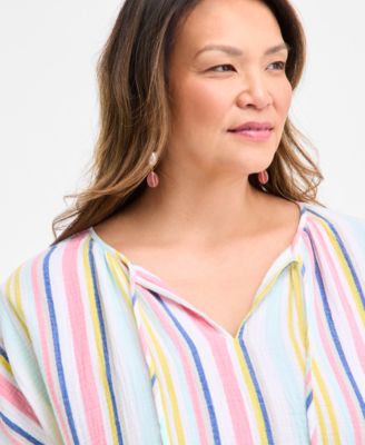Plus Size Printed Tie-Neck Short-Sleeve Shirt, Exclusively at Macy's 