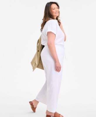 Plus Size Cotton Gauze Drawstring Mid-Rise Wide-Leg Pants, Exclusively at Macy's