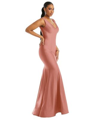 Women's Shirred Shoulder Stretch Satin Mermaid Dress with Slight Train