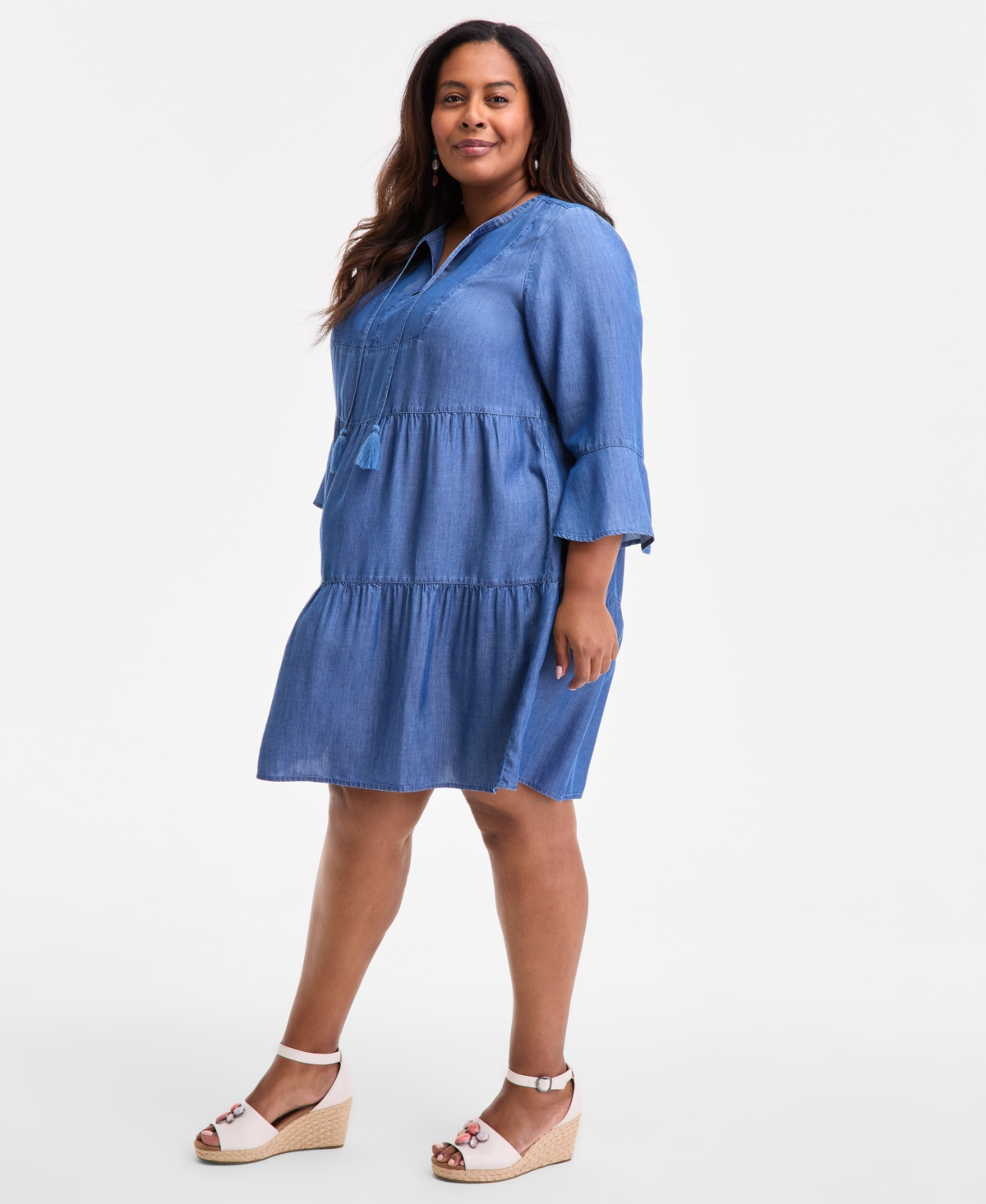 Style & Co Plus Size Split-neck Tiered Flutter-sleeve Dress, Exclusively At Macy's