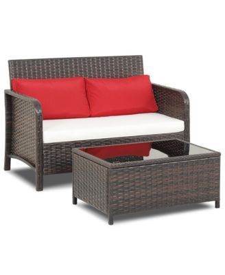 2 Pieces Outdoor Patio Wicker Furniture Set Rattan Loveseat & Coffee Table