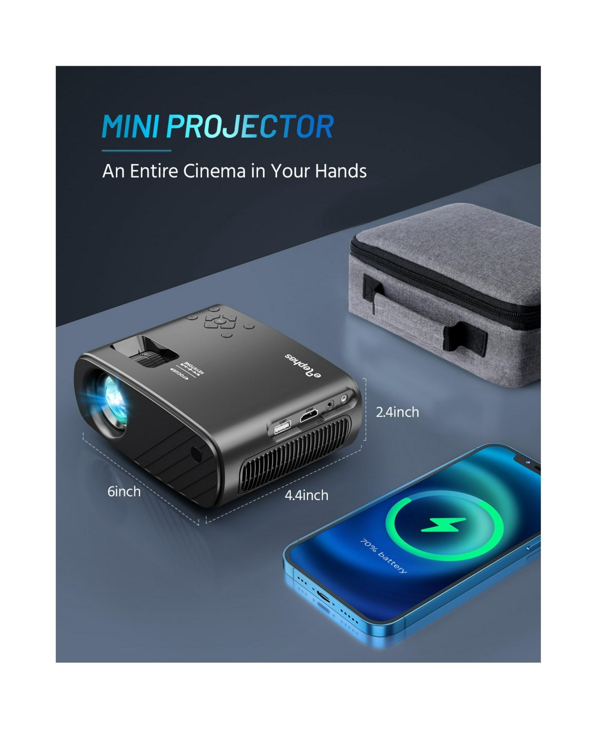 Elephas Mini Projector for iPhone, Elephas Upgraded 1080P Hd Projector, 8000L Portable Projector with Tripod and Carry Bag