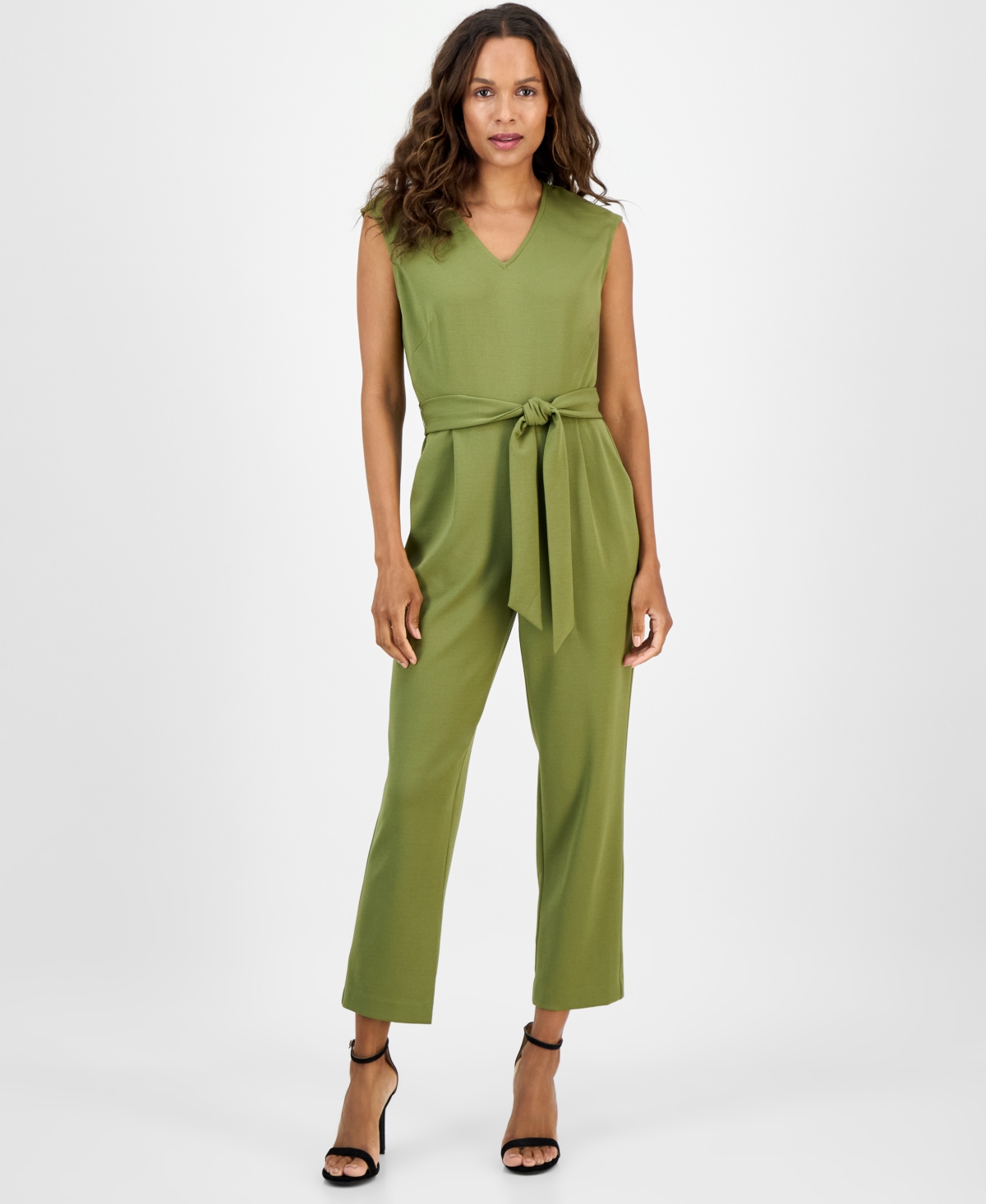 Ak Anne Klein Petite V-neck Belted Crepe Jumpsuit