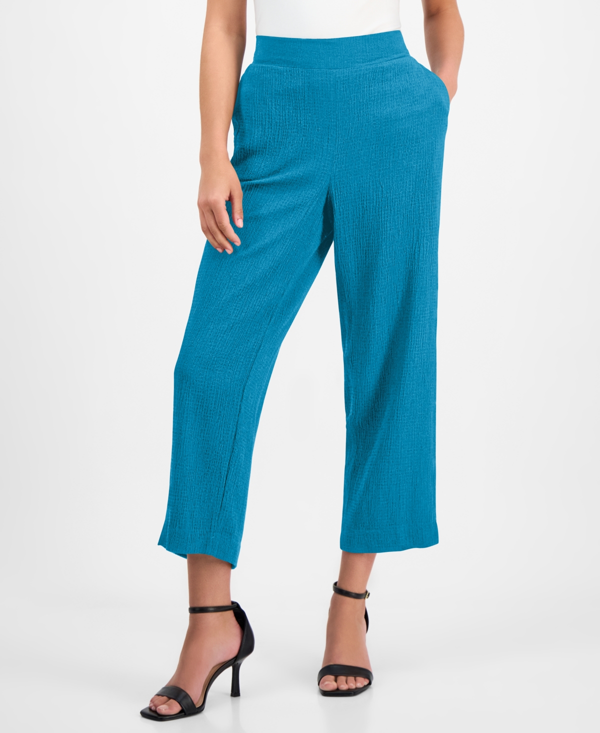 Ak Anne Klein Petite Pull-on Mid-rise Wide-leg Pants In Tropical Blue