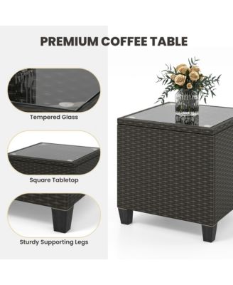 3 Piece Outdoor Rocking Set Rattan Rocking Chair Set w/ Tempered Glass Table Seat