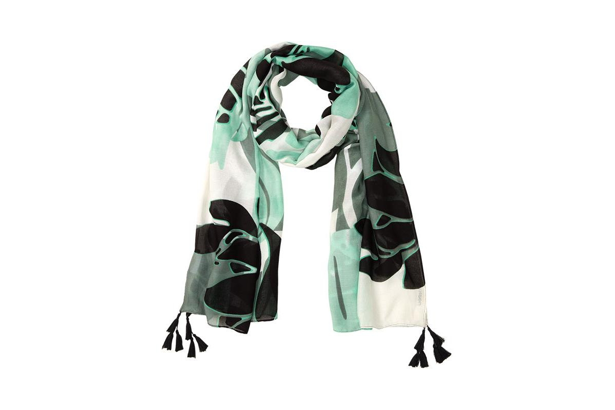 Abstract Leaf Print Tassel Scarf - Mint green