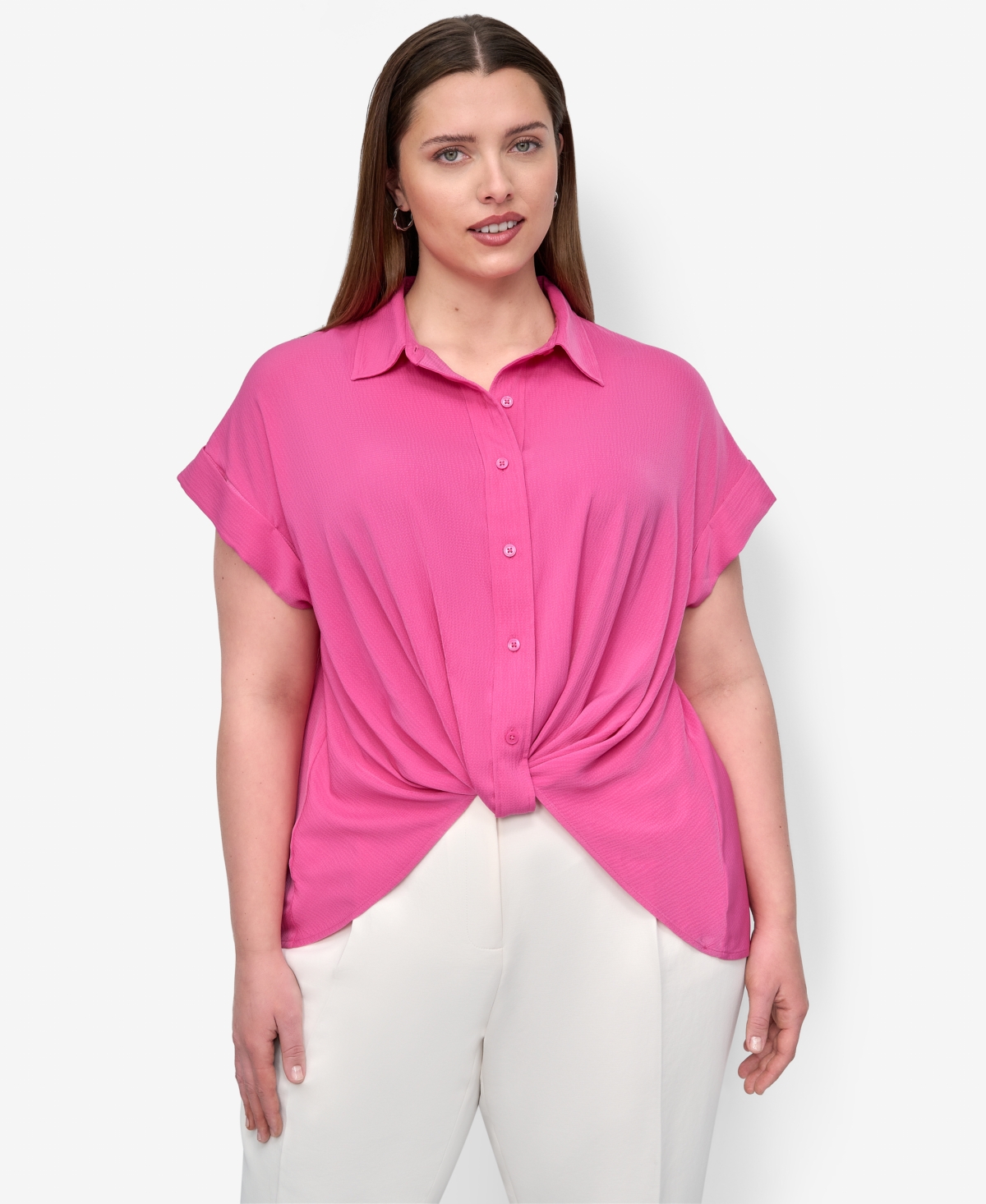 Plus Size Collared Twist-Hem Shirt - Vivid Pink