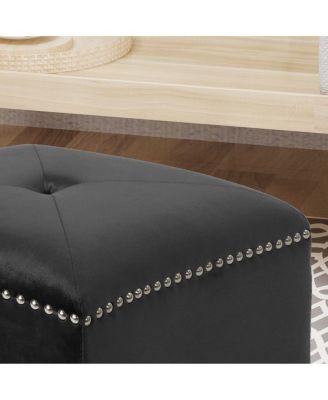 Velvet Upholstered Square Ottoman with Tufted Top and Studded Trim for Living Room or Bedroom Seating-The Pop Home
