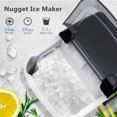 Nugget Ice Maker Countertop with Handle, 35Lbs/24Hrs,7 Mins Fast Ice Making, Stainless Steel Pellet Ice Maker with Ice Basket/Ice Scoop for Home/Bar/Party/Office