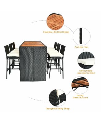7 PCS Patio Rattan Wicker Bar Dining Furniture Set wood Table Top 6 Stools