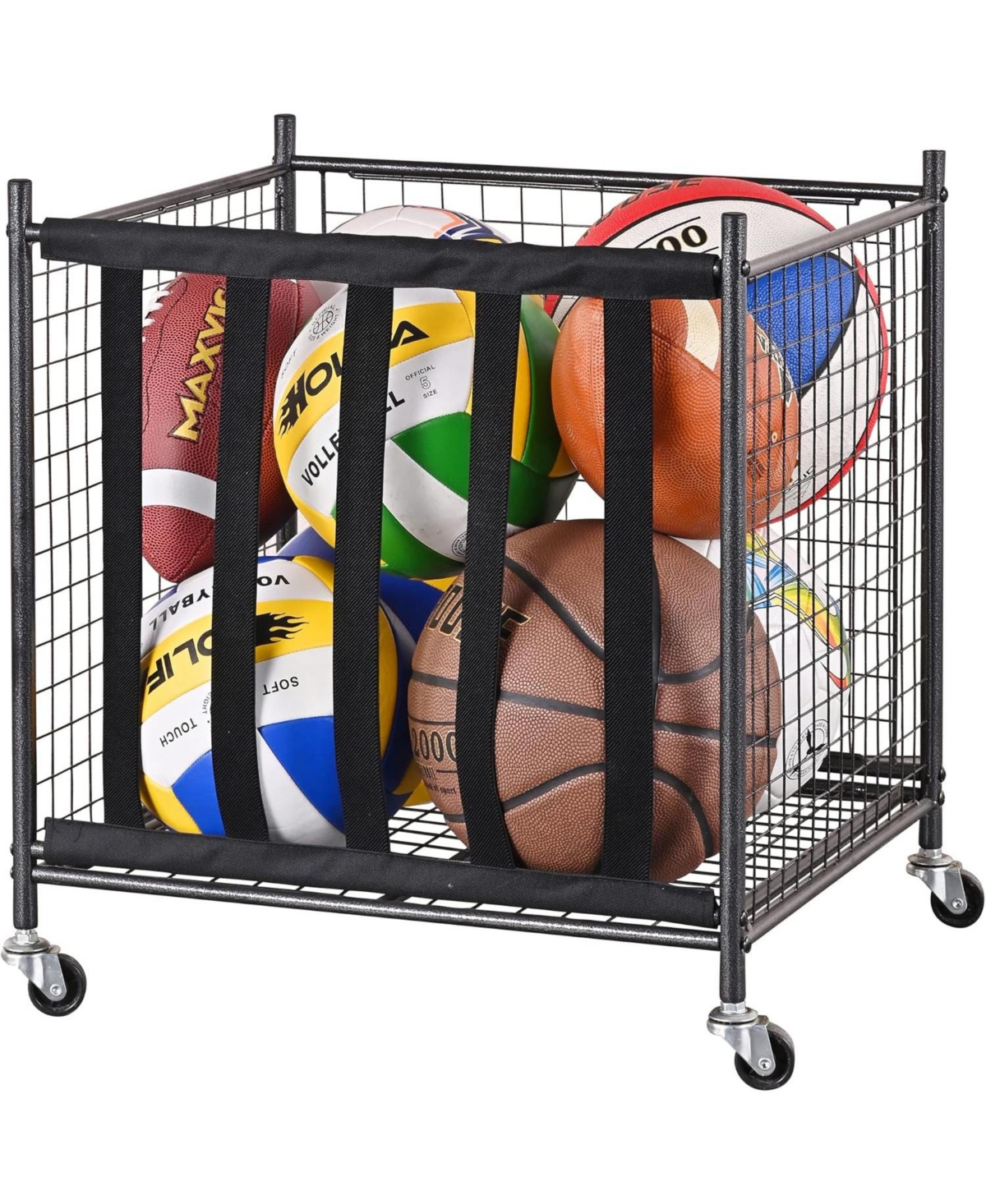 44 lbs Weight Capacity Rolling Sports Ball Storage Cart with Elastic Straps