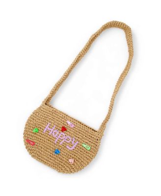 Girls Wicker Crossbody Message Charm Tote, Hot Pink "Love"