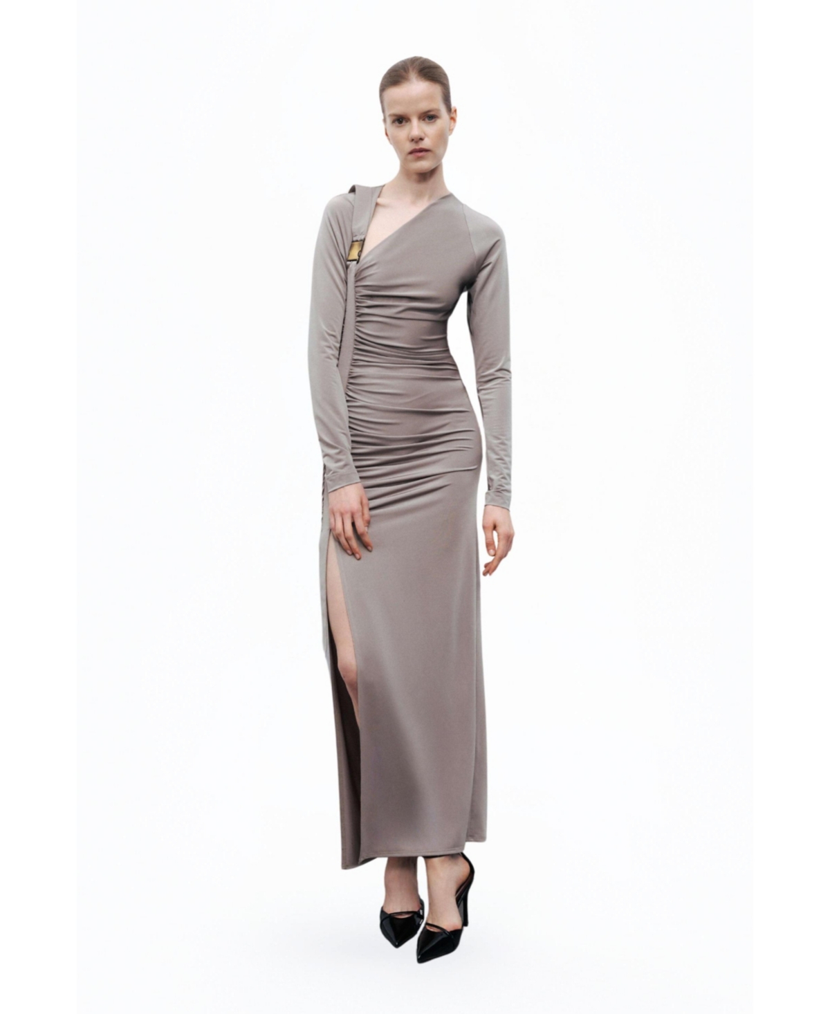 Women's Metal Buckle Detailed Maxi Dress - Khaki