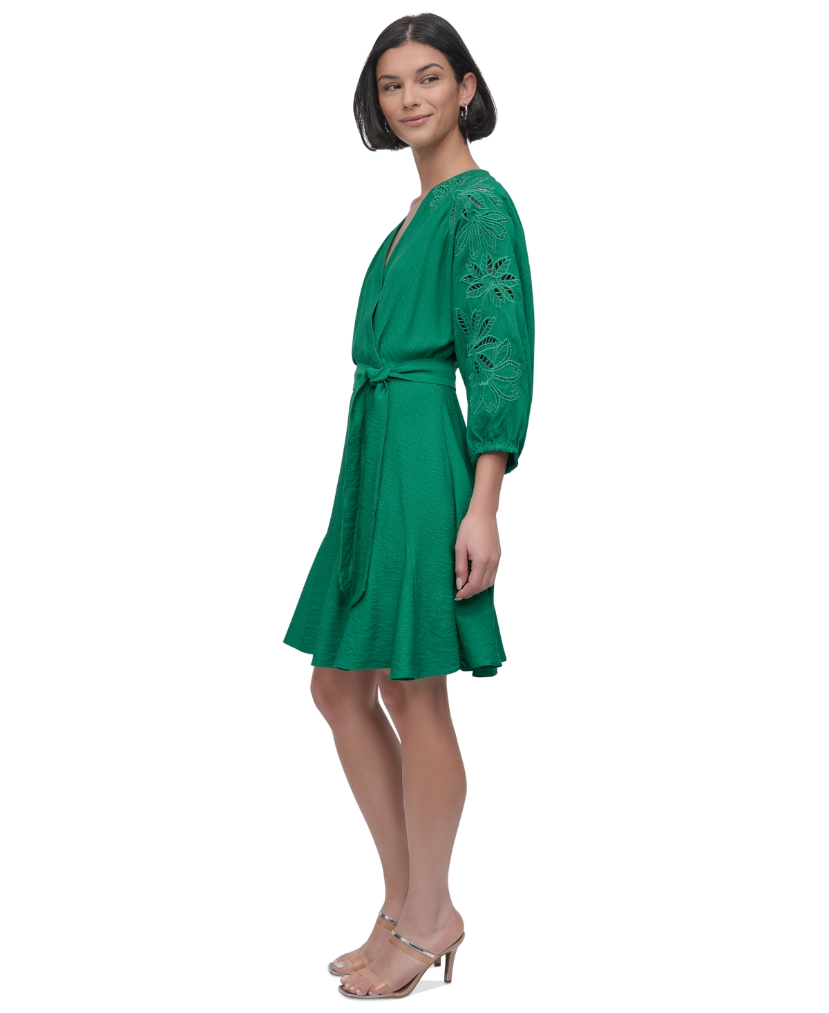 Shop Dkny Petite Faux-wrap Embroidered-sleeve Fit & Flare Dress In Grass Green