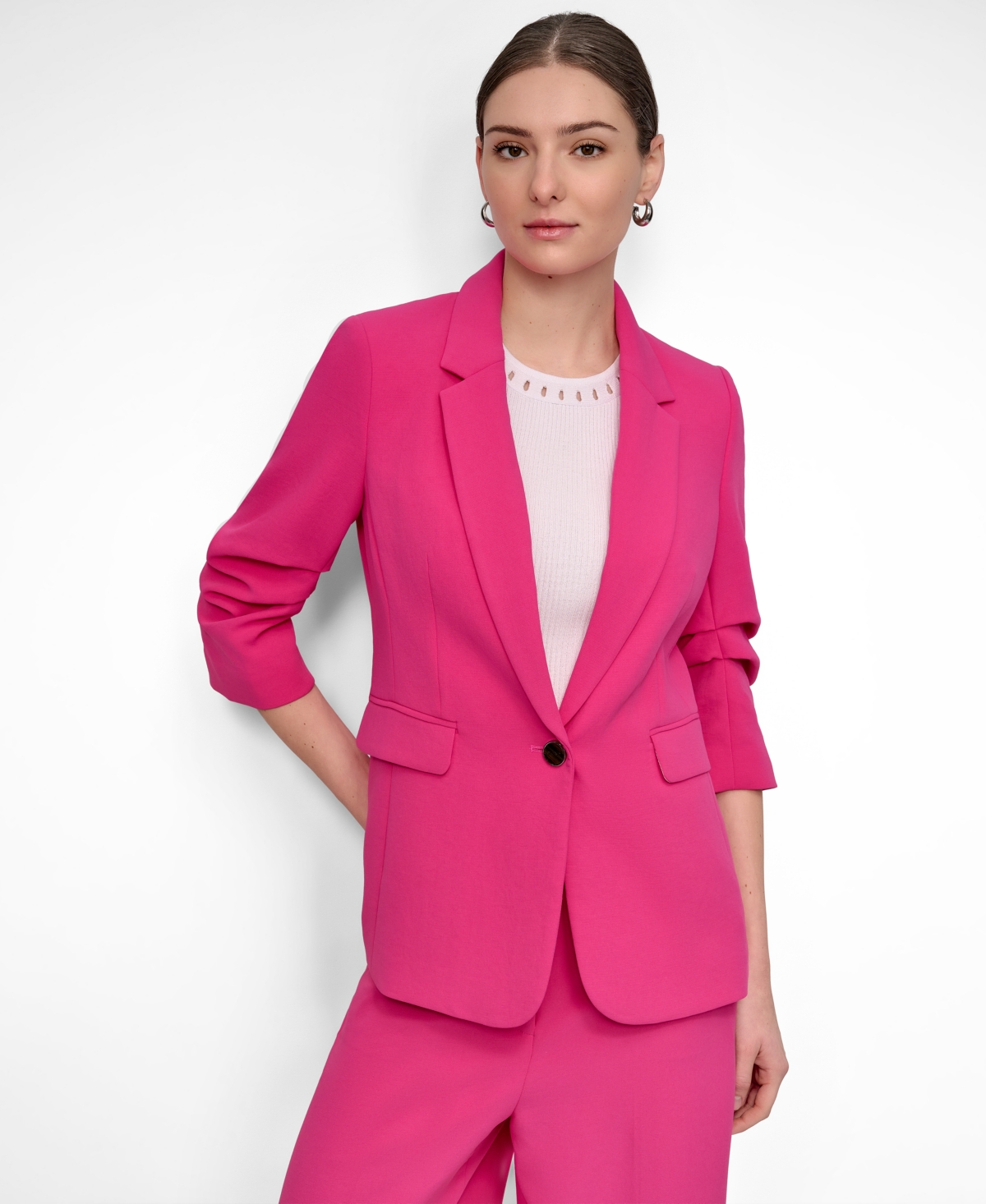 Petite Aero Crepe Scrunch-Sleeve One-Button Blazer - Vivid Pink