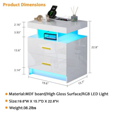 22.8" Wood LED Nightstand RGB Lights Auto Sensor Charging Station