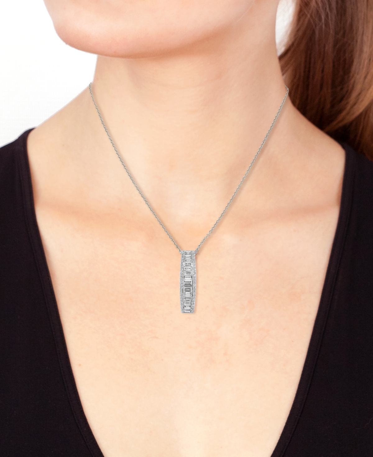 Effy Collection Effy Lab Grown Diamond Round & Baguette Linear Drop Pendant Necklace (1-3/8 Ct. T.w.) In 14k White G
