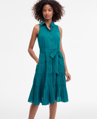 Petite Cotton Belted Pleated Tiered Shirtdress