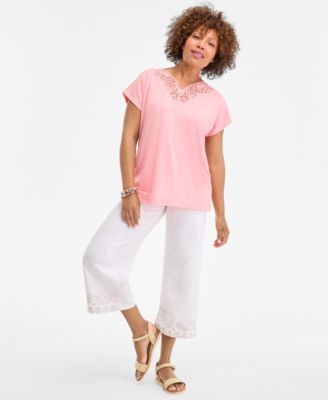 Style & Co Women's Lace-Trim V-Neck Short-Sleeve T-Shirt