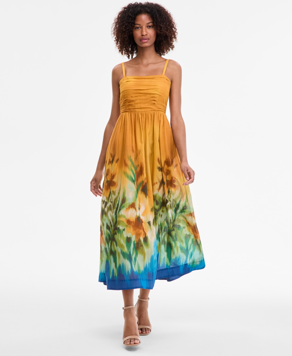 Women's Ruched-Bodice Border-Print Midi Dress - Mustard Haze