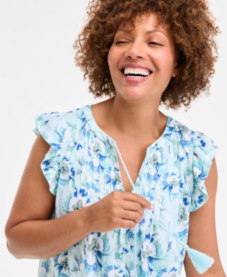 売れ筋商品|||スタイルアンドコー カットソー トップス レディース Petite Printed Split-Neck Flutter-Sleeve Top, Exclusively at Macy's Spot Airy Blue Style & Co Women's Printed Flutter-Sleeve Split-Neck Top