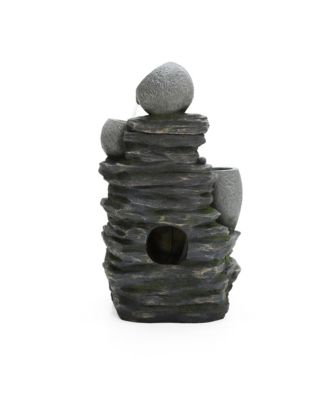 3-Tier Gray Pots on Stacked Rocks 2.5-Feet Tall Outdoor Polyresin Fountain with Lights and Gray Side Planter