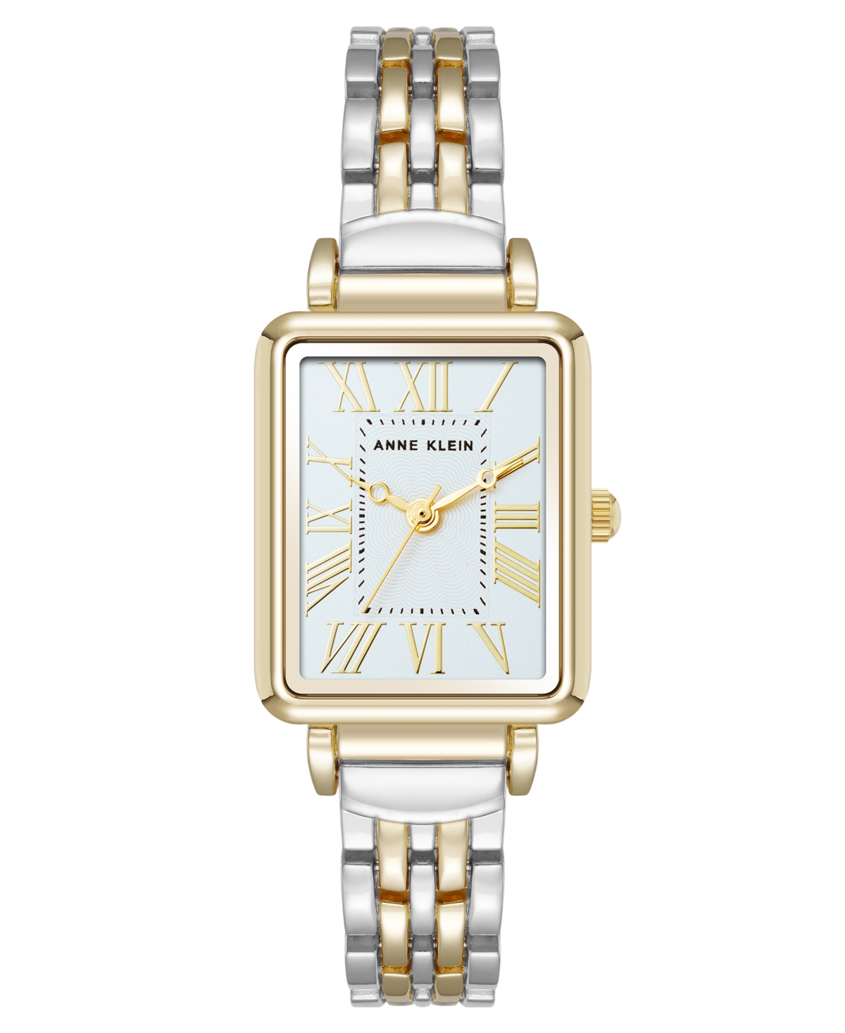 Anne Klein Women's Quartz Rectangular Roman Numeral Two-tone Metal Alloy And Light Blue Dial Watch, 23mm In Light Blue,silver-tone,gold-tone