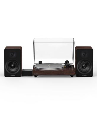RT85N – Hi-fi vinyl turntable (white), PA10 preamp, Ai41 5" speakers (bamboo), MP-110 cartridge, 90W amp, Bluetooth – audio setup.