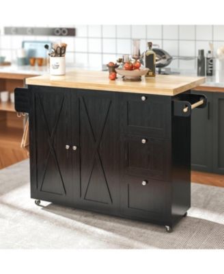 Rolling Kitchen Island Cart with Drop-Leaf Countertop, Barn 3Drawers