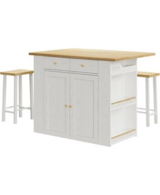 Kitchen Island with Stools, Large Countertop with Drop-Leaf