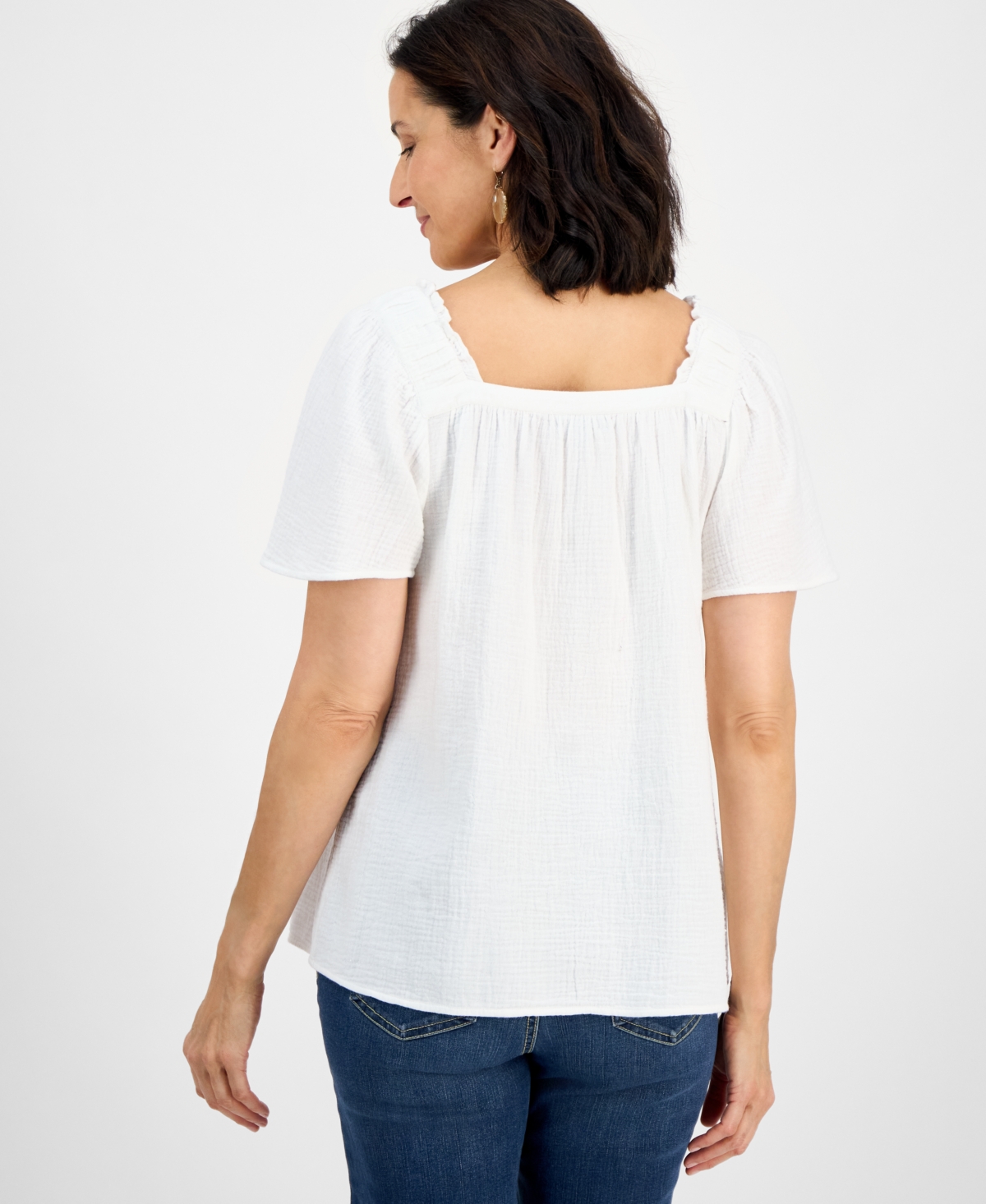 Style & Co Women's Solid Square-neck Flutter-sleeve Top, Exclusively At Macy's In White