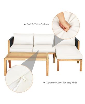 3PCS Patio Acacia Wood Sofa Furniture Set Thick Cushion W/Nylon Rope Armrest