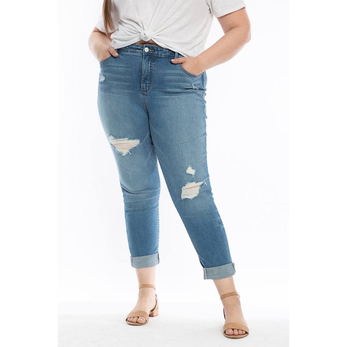 Plus Size Denim High Rise Boyfriend with destruction rolled in 28" inseam- Myla