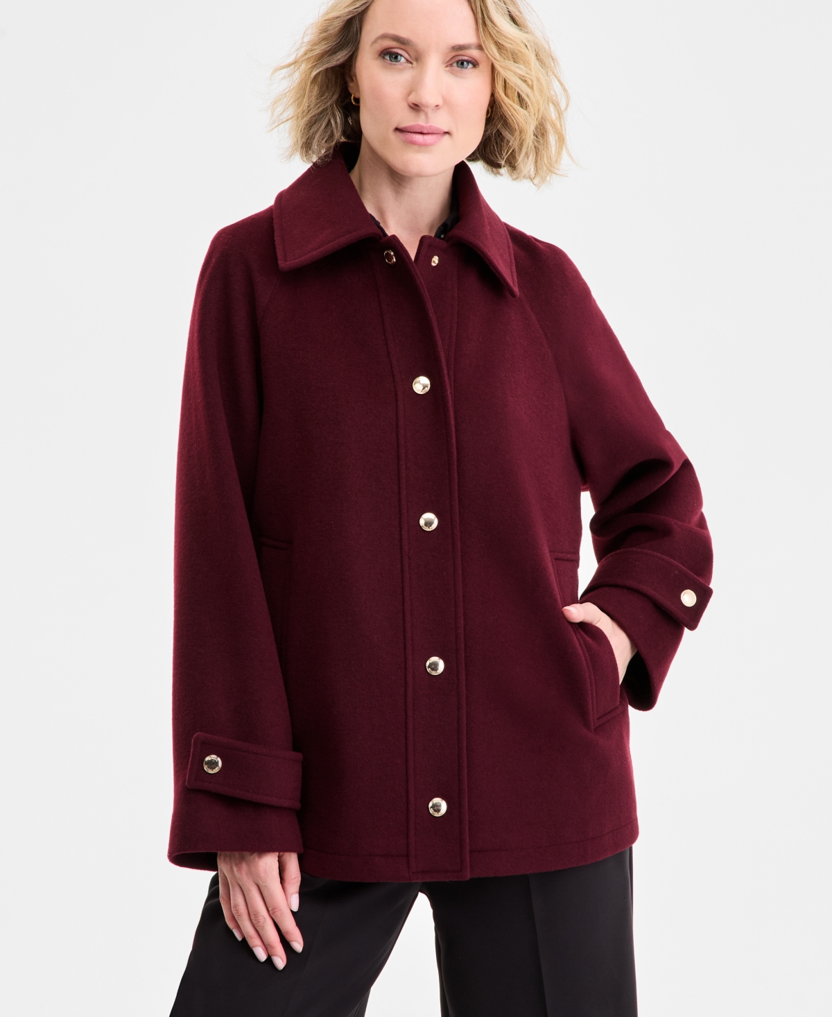 Michael Kors Michael  Women's Collared Button-front Coat, Exclusively At Macy's In Burgundy