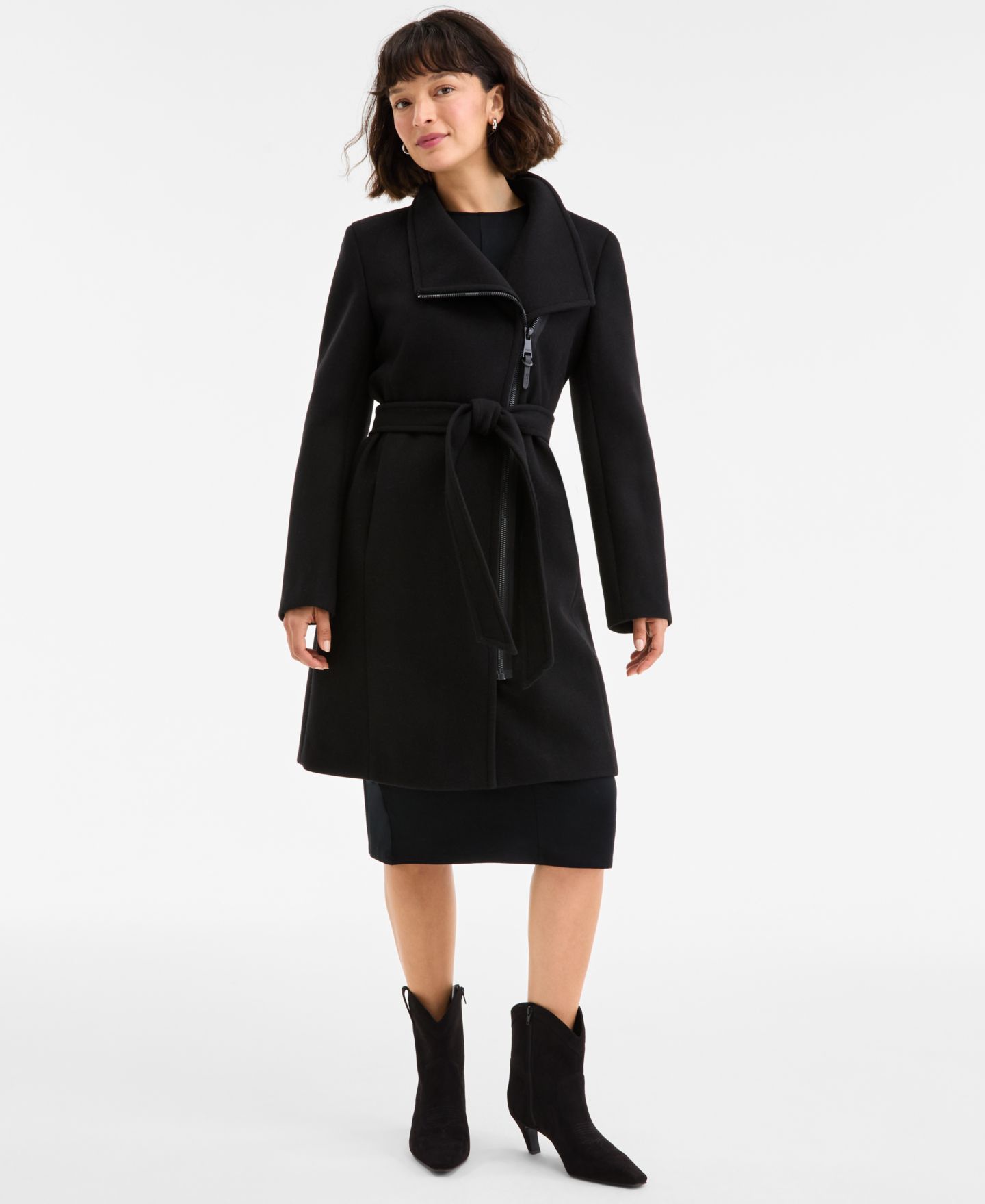 Женское пальто DKNY Asymmetric Front-Zip Belted, цвет: Чёрный — фото 1