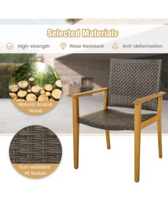 5 PCS Patio Dining Set Round Acacia Wood Table 4 Wicker Armchairs Outdoor Garden